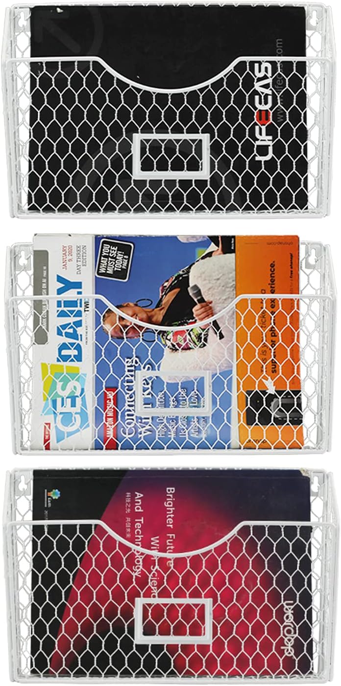 Metal Hanging Wall File Organizer - 3 Pockets Chicken Wire Hanging File Holder, Durable Magazine Rack with Tag Slot for Office or Home, White