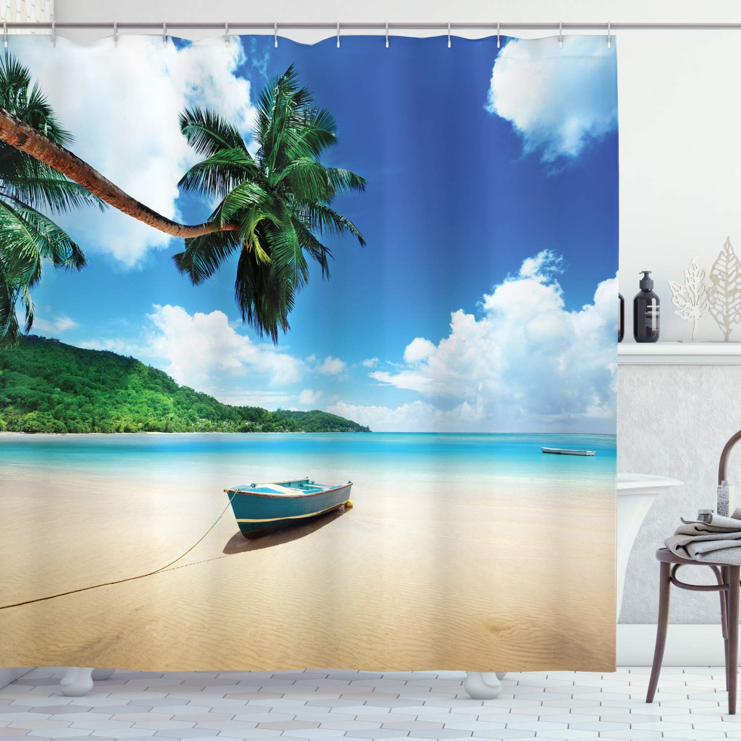 ABAKUHAUS Beach Shower Curtain, Boat on the Beach Mahe Island Lagoon Seychelles Exotic Shoreline Image, Cloth Fabric Bathroom Decor Set with Hooks, 175 x 200 cm, Green Blue Sand