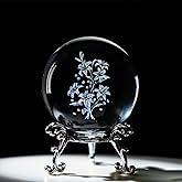 HDCRYSTALGIFTS 3D Lilies Flowers Figurines Crystal Ball with Stand 60mm Laser Engraved Paperweight Glass Flowers Full Sphere Home Art Decor Gift