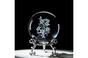 HDCRYSTALGIFTS 3D Lilies Flowers Figurines Crystal Ball with Stand 60mm Laser Engraved Paperweight Glass Flowers Full Sphere Home Art Decor Gift