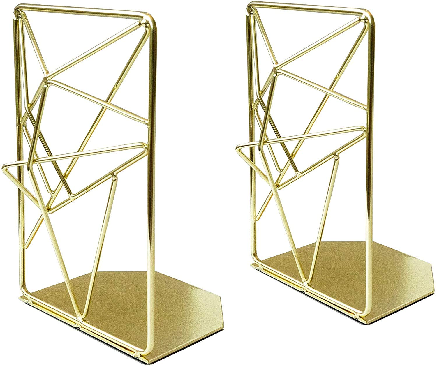 HonestShop Non-slip metal bookend bracket, with unique geometric design, stylish and exquisite can be used in a variety of occasions, bookshelf desk, office, kitchen(1 Pair) (Gold)