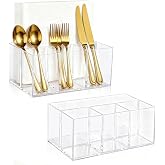 Goklmn 2Pack Acrylic Utensil Holder Silverware Organizer 4 Compartments Tableware Storage Box Countertop Cutlery Caddy for Forks, Knives, Spoons, Napkins, Plates，Indoor/Outdoor Use