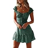YOBECHO Womens Summer Ruffle Sleeve Sweetheart Neckline Printing Dress Mini Dresses