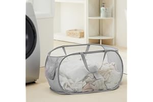 TECHMILLY Mesh Pop Up Laundry Basket with Strong Handles, Large Opening Collapsible Clothes Hampers, Portable & Easy for Use (1 Pack, Grey)