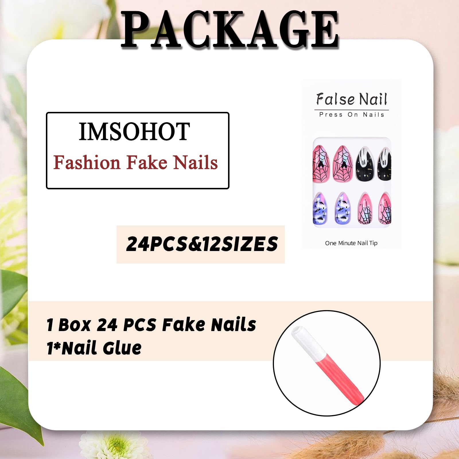 IMSOHOT Halloween Press on Nails Almond Medium Fake Nails Black Pink Purple Glue on Nails Full Cover Glossy Artificial False Nails with Ghost Designs Cute Stick on Acrylic Nail for Women Girls - Image 5