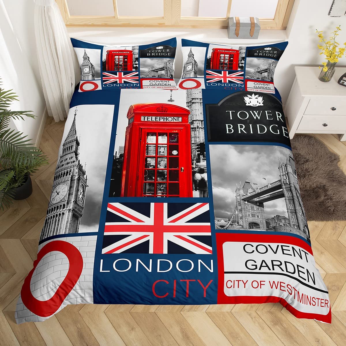 London Comforter Cover Romantic City Building Bedding Set for Teens Boys,Big Bent Duvet Cover United Super Kingdom Tower Bridge Bed Set Red Telephone Booth Union Jack Flag Bedroom Decor Double