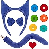 JIALWEN Blue Cat Ears Headband and Tail Bowtie with 6 Button Patches & 1 Heart Patch Felt Stickers Halloween Cat Costumes Set Cosplay Party Dress Up Accessories