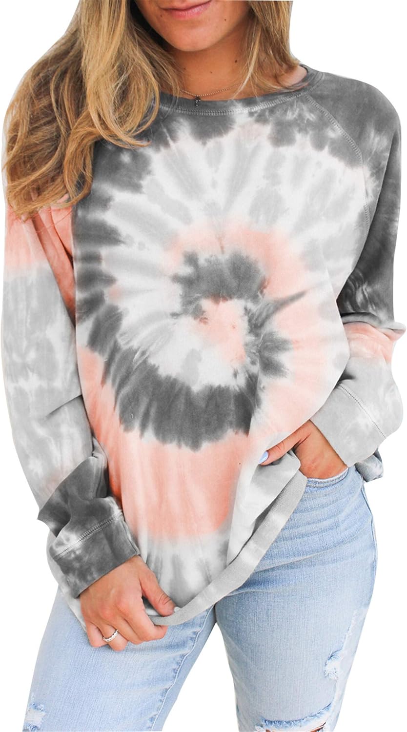 NEYOUQE Women Tie Dye Crewneck Pullover Sweatshirt Casual Color Block Loose Long Sleeve Tops