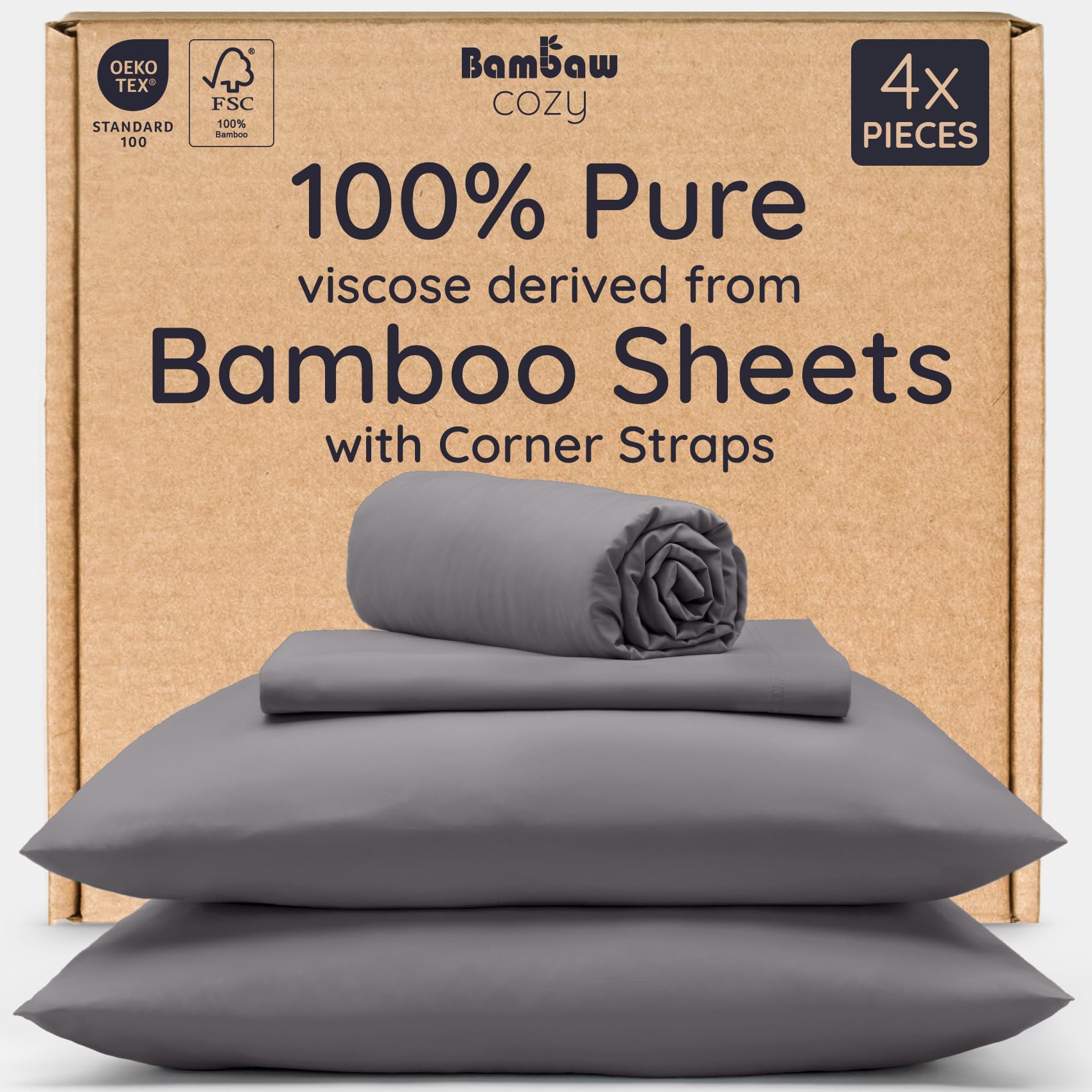 Photo 1 of Bambaw 100% Viscose Derived from Bamboo Queen Sheet Set – 4pcs Soft Bedding Set, Deep Pocket Queen Cooling Sheets Fits Up to 16'' with Elastic Corner Straps (Dark Gray)