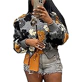 OPCAKM Women's Cropped Floral Print Shacket Jackets Round Neck Long Sleeve Bomber Coat Outerwears
