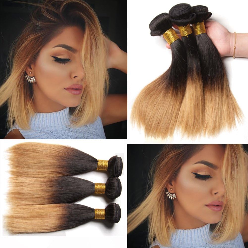 XCCOCO Hair Ombre Honey Blonde Straight Weave Dark Roots Blonde Bundles 1b/27# Peruvian Wholesale Virgin Remy Human Hair Weaving Weft 300g/Set(12inchx3)