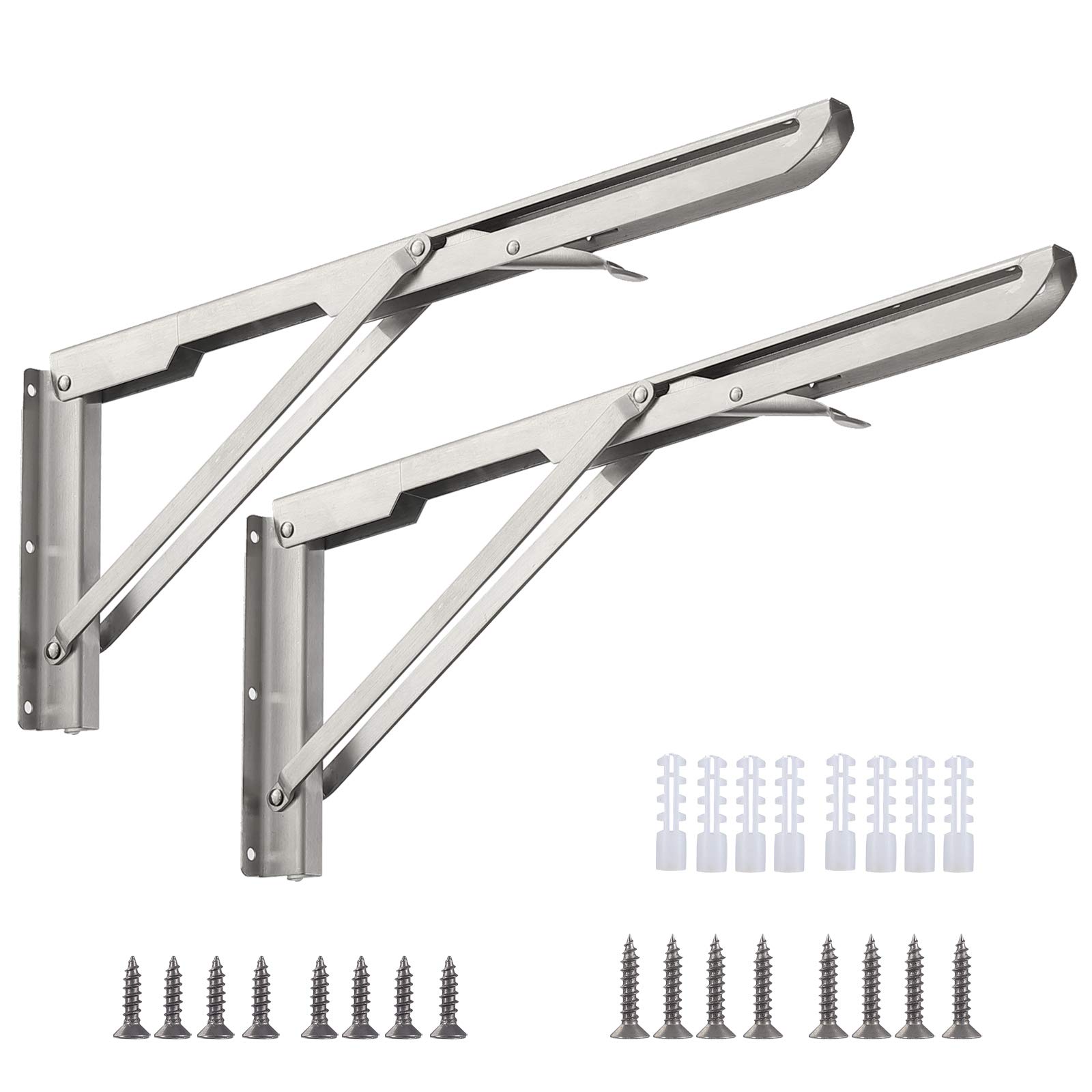 Folding Shelf Brackets 35 cm, Heavy Duty Stainless Steel Collapsible Shelving Bracket Wall Mounted DIY Foldable Triangle Brackets for Table Work Bench, 2 Pack