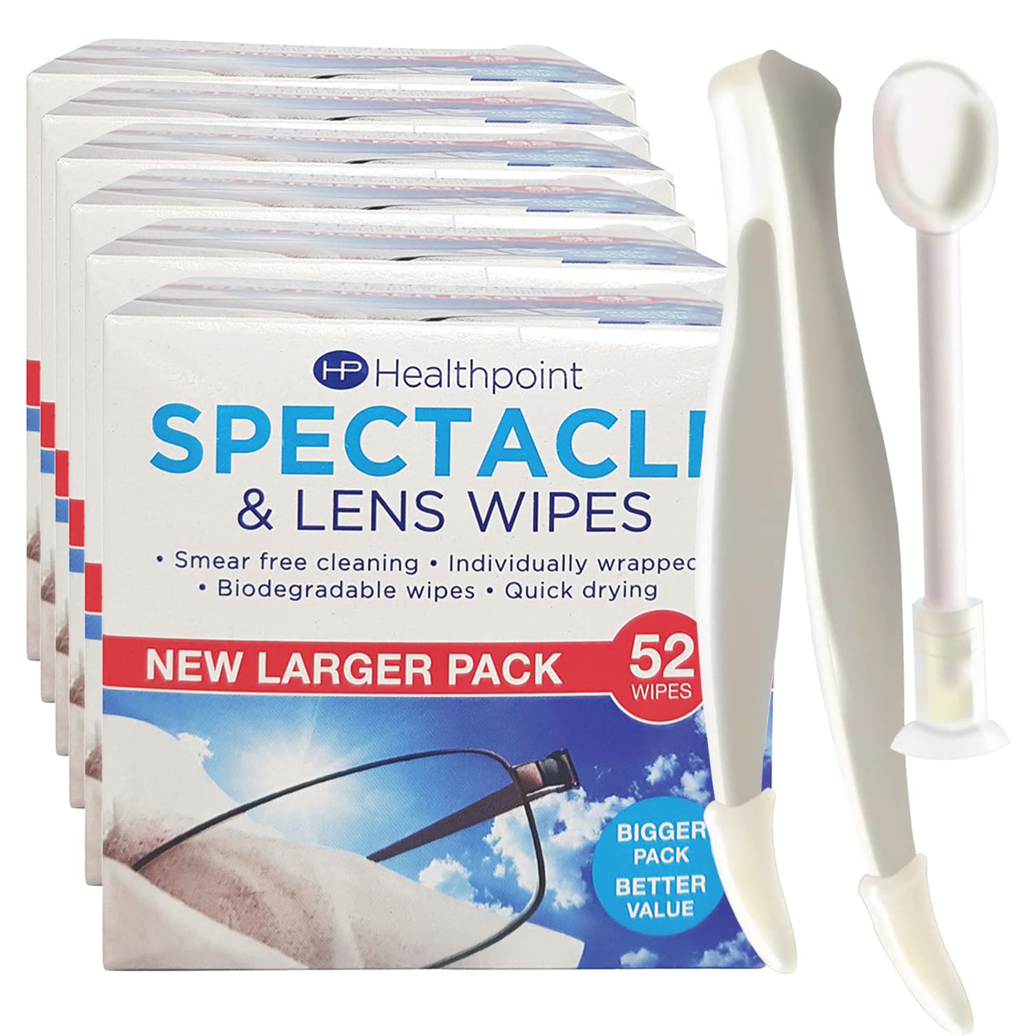 Healthpoint Glasses Wipes - 416 Individually Wrapped Lens Wipes - Also Suitable for Cameras, Binoculars & Smartphone Screens (8 Extra Value Packs of 52) Plus Contact Lens Applicator