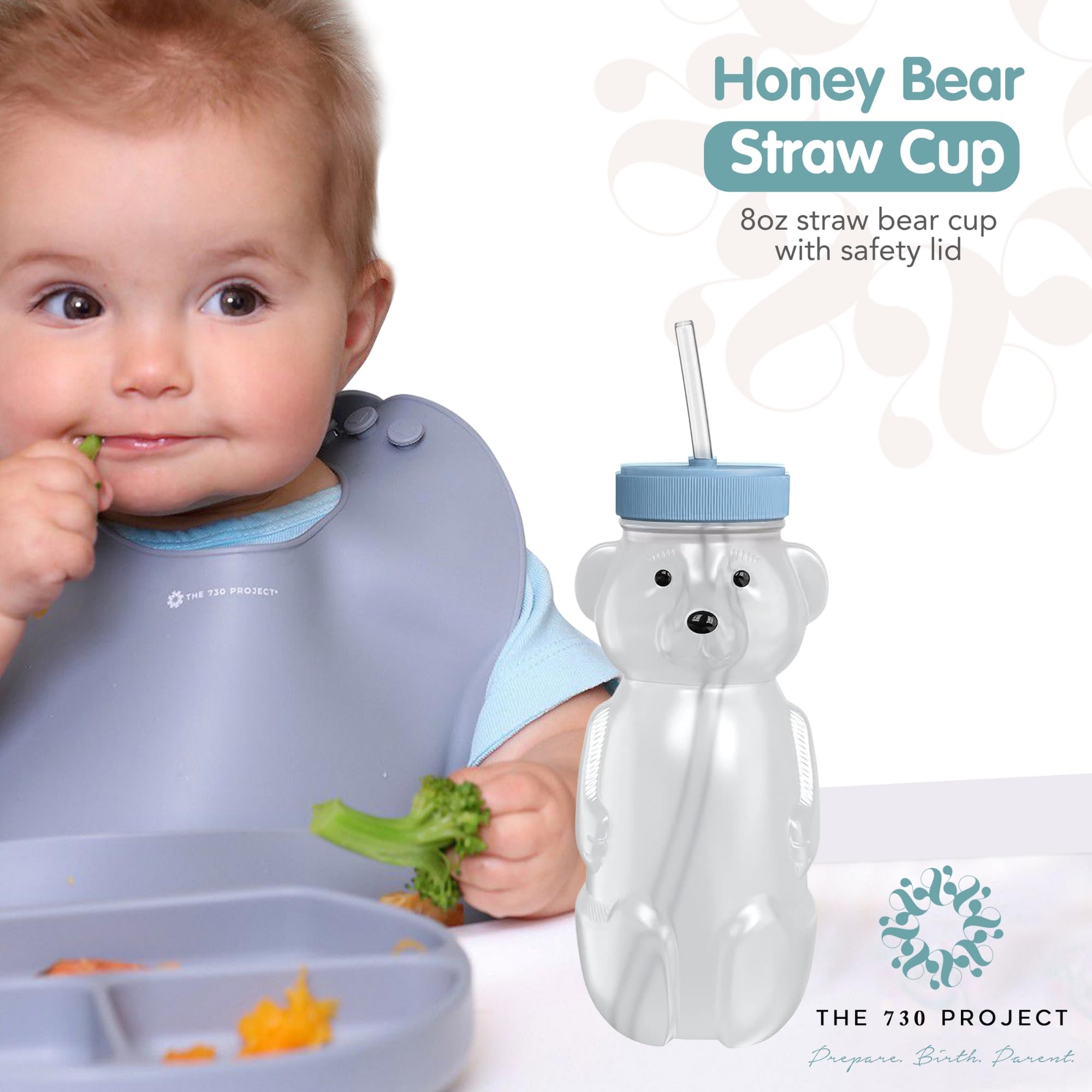 Honey Bear Straw Cup for Babies, 8-oz Honey Bear Cup with Lid, 3-Pack Therapy Learning Honeybear Straw, Baby Bottle Set, Blueberry Pie BLUE
