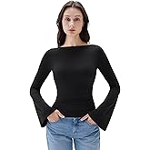 SUUKSESS Women Crew Neck Bell Sleeve Tops Double Lined Going Out Fitted Basic T Shirts