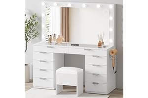 DWVO Vanity Desk Set with Mirror & Power Outlets, Vanity Table with Stool, 12 LED Bulbs, 3 Dimmable Light Colors, 10 Drawers, Hair Dryer Rack & Magnifying Mirror