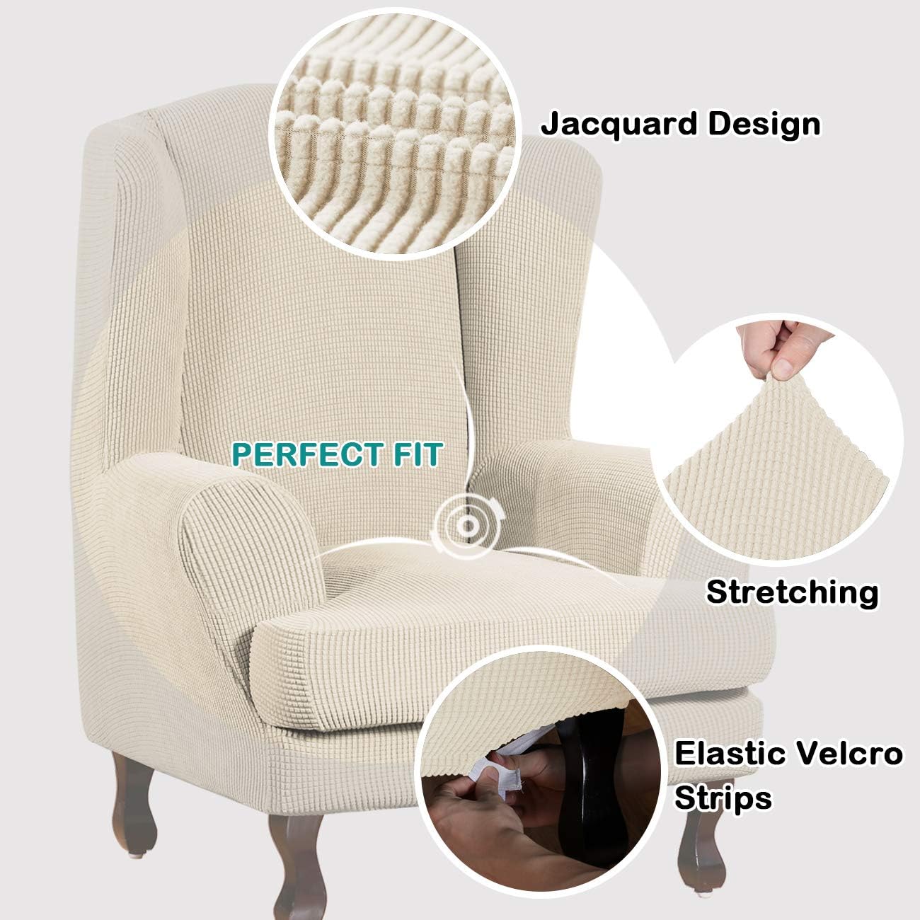 Turquoize Stretch Wing Chair Slipcover Wingback Armchair Chair Sofa Cover Furniture Protector 2-Piece with Elastic Bottom Anti-Slip Foam Kids Jacquard Fabric Small Checks (Wing Chair, Biscotti Beige): Furniture & Decor