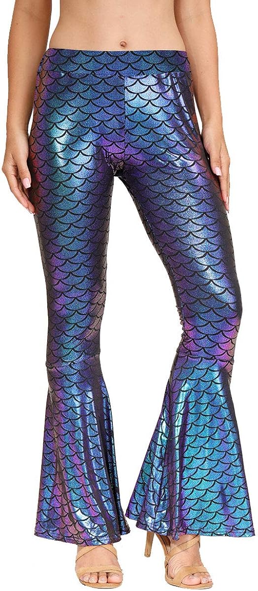 Spadehill Halloween Women's Mermaid Flared Shiny Legging Pants: Clothing