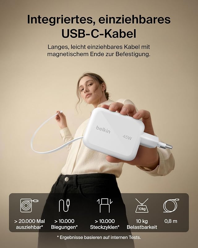 USB C Ladegerät 45W mit Einziehbarem 0,8 m USB-C-Kabel und USB-C-Anschluss, Netzteil, iPhone Schnellladegerät für iPhone-Serie 17 und 16, Galaxy S26-Serie, AirPods, Tablets, MacBook, Laptops