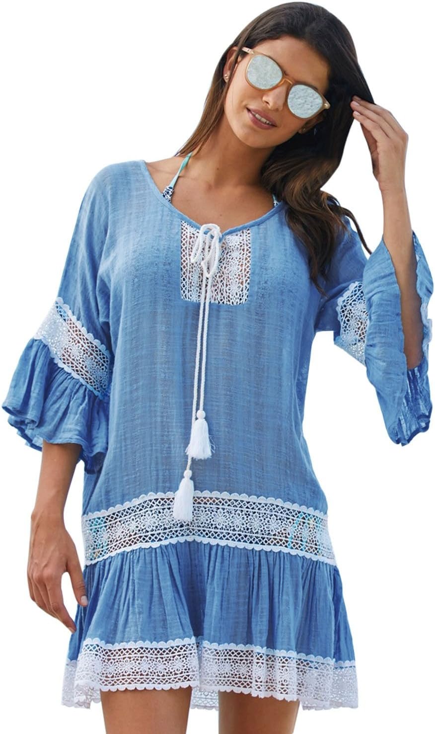 AGOGO Beach Cover Up Womens Lace Beachwear Swimwear Bikini Cover-up Loose Beach Kaftan with Crochet Insert Dress