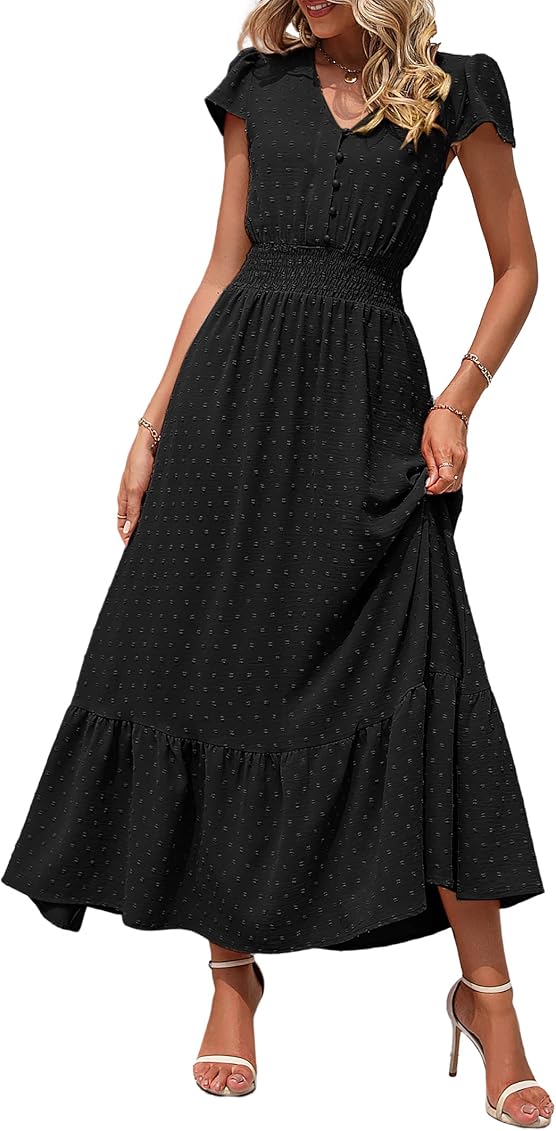 Amazon.com: PRETTYGARDEN Summer Dresses for Women 2023 Casual Short Sleeve  V Neck Maxi Dress Swiss Dot Smocked Flowy Long Dress (Black, Small) :  Clothing, Shoes u0026 Jewelry