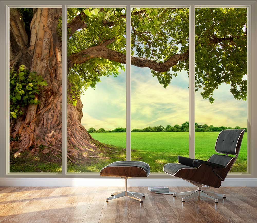 Large Wall Mural Old Tree and Meadow Seen Through Sliding Glass Doors
