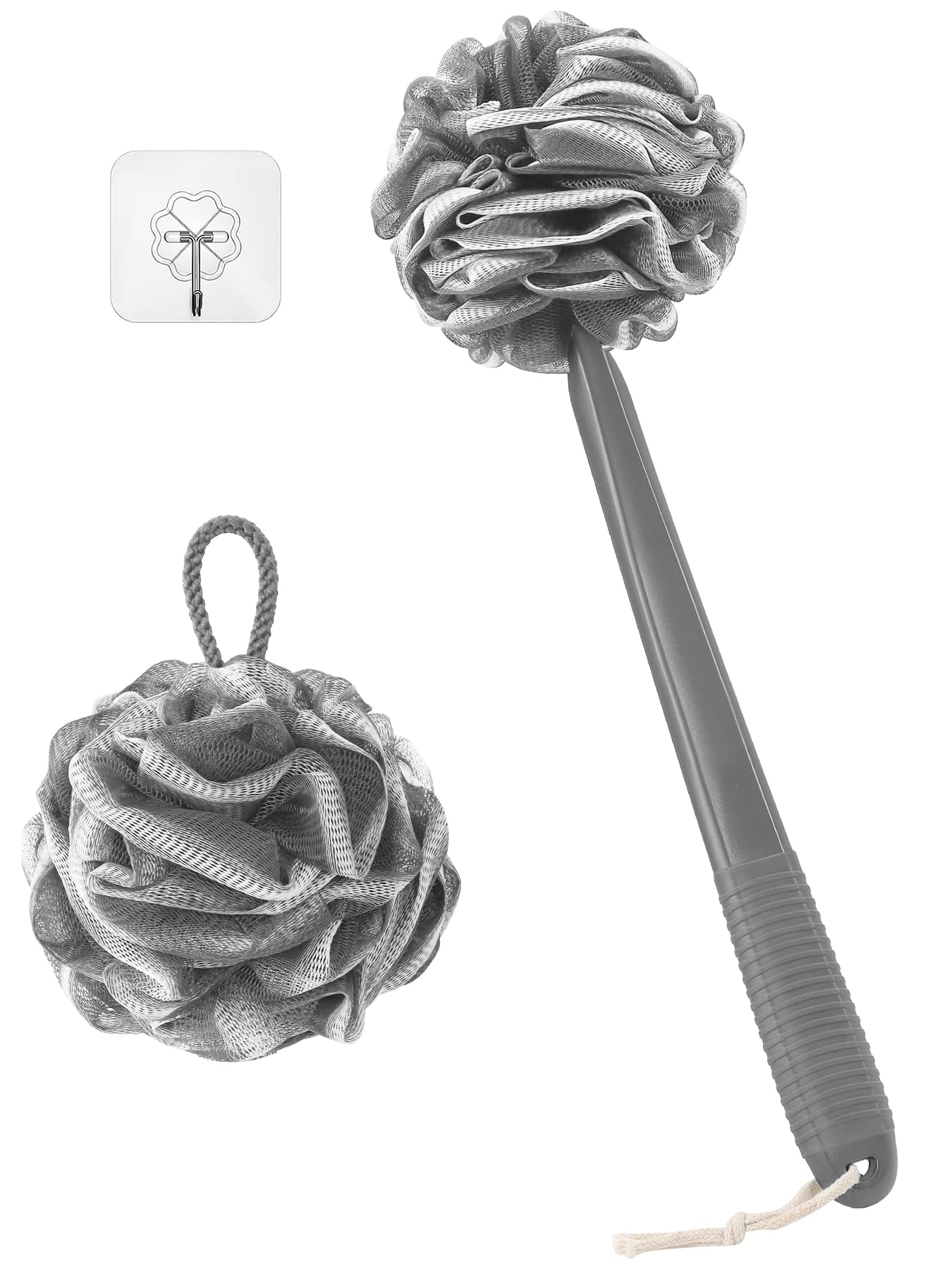ROLIZOE Non-Slip Back Scrubber with 17" Plastic Handle - Hand Shower Loofah & Loofah on a Stick Set, Deep Gray with White Edge