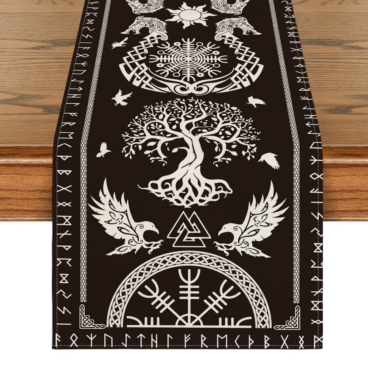 Artoid Mode Black Viking Tree of Life Raven Helm of Awe Table Runner, Seasonal Kitchen Dining Table Decoration for Home Party Decor 40x180 cm