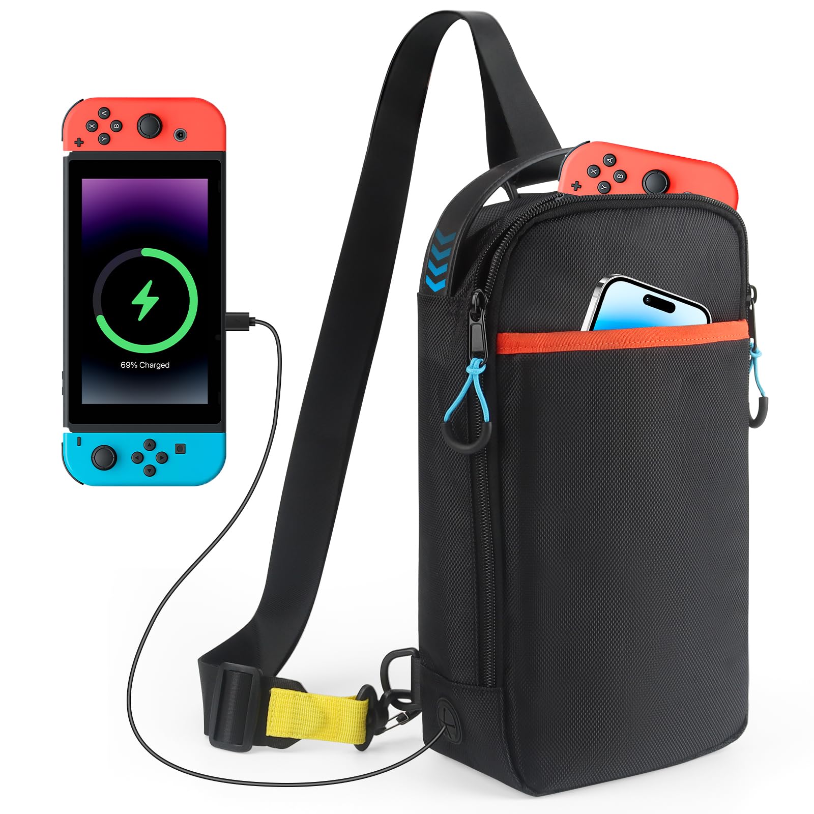 GIASSVIO Sling Crossbody Bag for Nintendo Switch 2/Steam Deck/PlayStation Portal, Large Portable Shoulder Crossbody Bag with USB Charging Port and 16 Game Card Slots,Holds Console & Accessories,Black