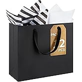 Ohuimrt 12-Count Large Black Gift Bags with Tissue Paper, 12.5x4.5x11 Inch Premium Matte Black Paper Bags with Handles for Party Shopping Birthday Wedding