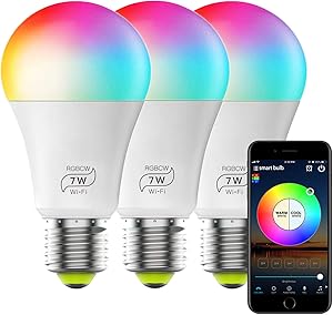 Smart Bulb No Hub Required, Dimmable Multicolor WiFi Light Bulb, A19 7w (60w Equivalent) 2700k-6500k, Work with Alexa Google Home Siri IFTTT (3 Pack)