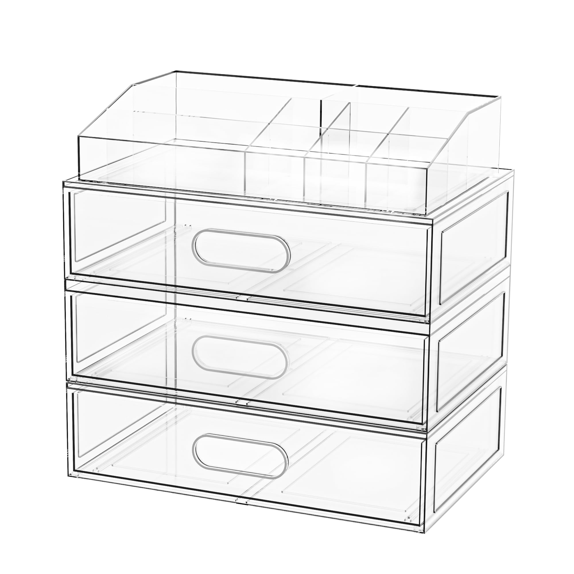 Photo 1 of Clear Stackable Makeup Organizer with Drawer, 12''W Acrylic Storage Drawers, Cosmetic Display Case for Vanity Bathroom Countertop, Beauty Holder for Lipstick Brush Skincare Perfume (4 Pack)