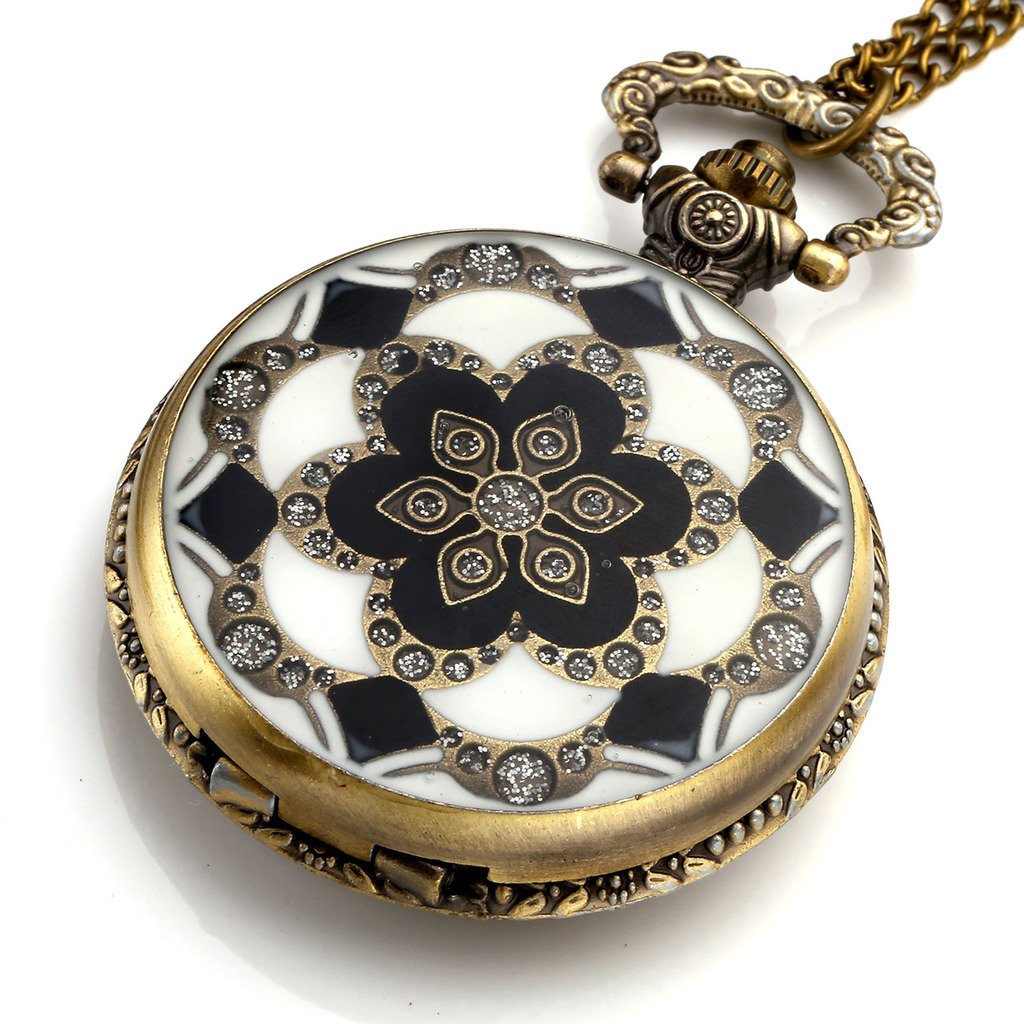 Top Plaza Unisex Antique Case Vintage Bronze Alloy Chain Quartz Pocket Watch Resin Dripping Flower