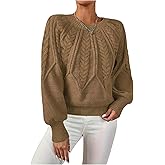 OYOANGLE Women's Cable Knit Sweater Lantern Long Sleeve Crewneck Pullover Fall Sweaters