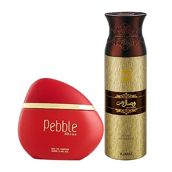 Maryaj Pebble Shine Eau De Parfum Floral Fruity Perfume 100ml for Women and Ajmal Wisal Dhahab Deodorant Fruity Floral Fragrance 200ml for Men + 2 Parfum Testers FREE