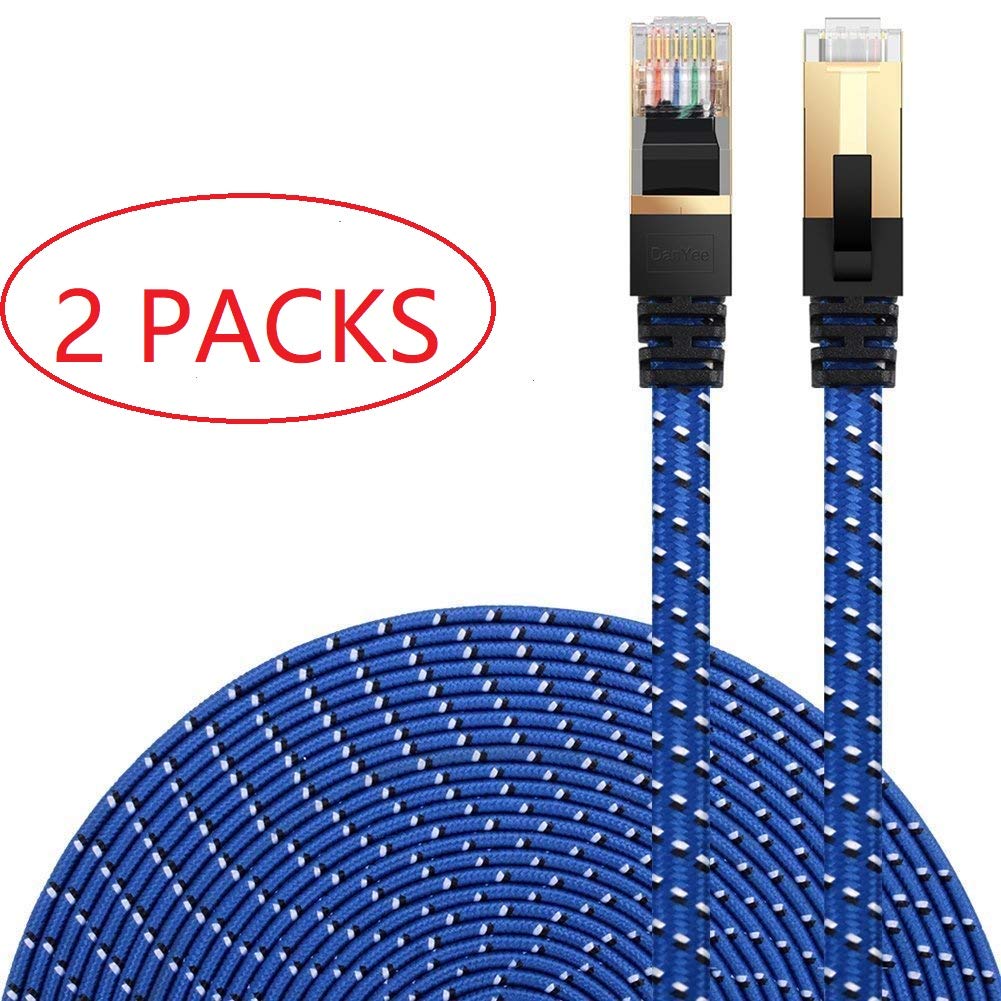 Cat 7 Ethernet Cable, 2 Packs 1.6ft DanYee Nylon CAT7 High Speed Professional Gold Plated Plug STP Wires CAT 7 RJ45 Ethernet Cable 3FT 10FT 15FT 26FT 50FT 66FT 100FT (Blue 1.6ft 2Packs)