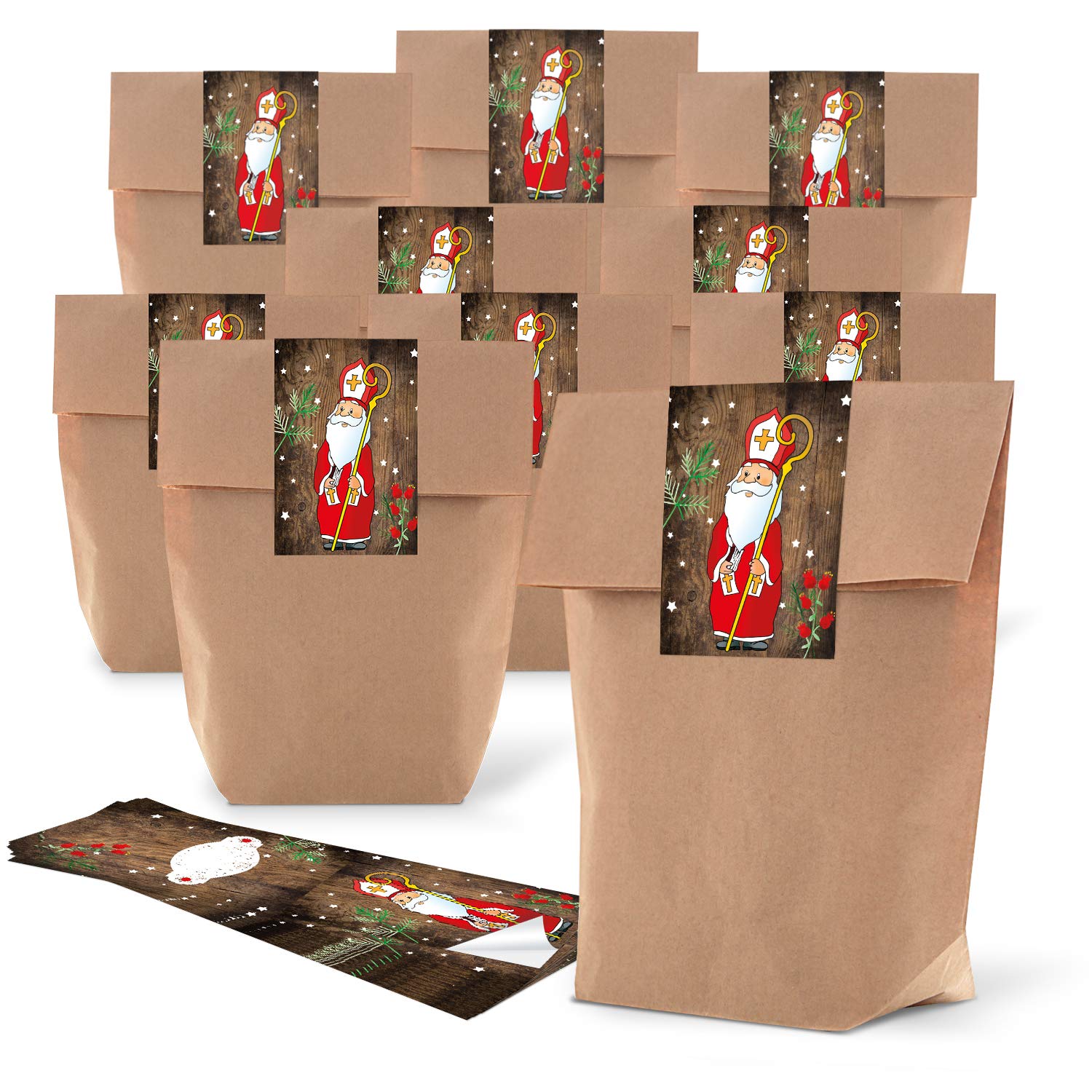 10 Small Natural Brown Natural Christmas Paper Bags Kraft Paper 19 x 29,5 x 7,5 cm + 10 Stickers Saint Nicholas Santa Red and White Christmas Gift Packing Bio Bag Bag