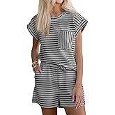 Tankaneo Womens 2 Piece Short Sets Striped Summer Outfits Cap Sleeve Tops and Elastic Waist Lounge Matching Set