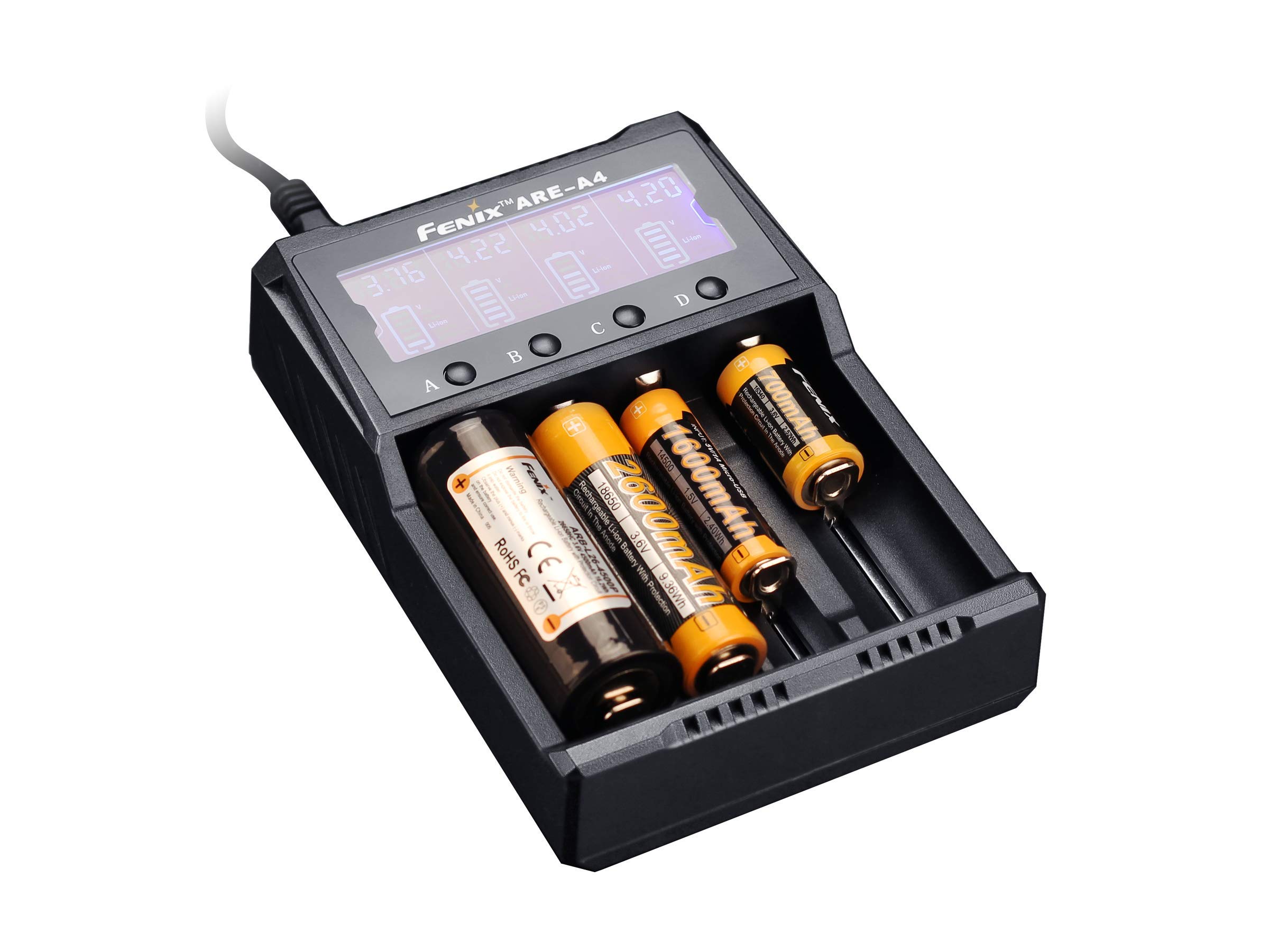 fenix ARE-A4, 4 Channel Smart Battery Charger with LCD Screen | UK Mains Powered | Suitable for Li-ion 10440 14500 16340 18650 21700 26650 & Ni-MH/Ni-Cd AA AAA C batteries | Multi-protection circuits