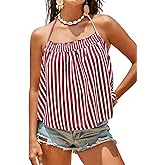 Tankaneo Womens Striped Halter Camisole Tank Tops Vacation Open Back Crop Tops Flowy Pleated Y2k Tshirts