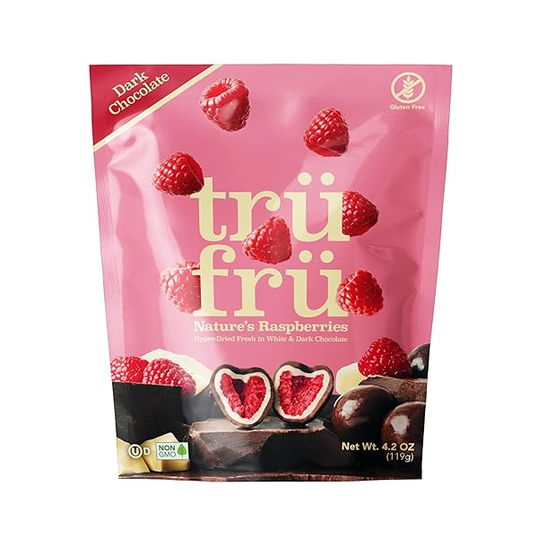 TRU FRU NATURE’S RASPBERRIES HYPER-DRIED FRESH IN DARK CHOCOLATE, 4.2 OUNCE BAG