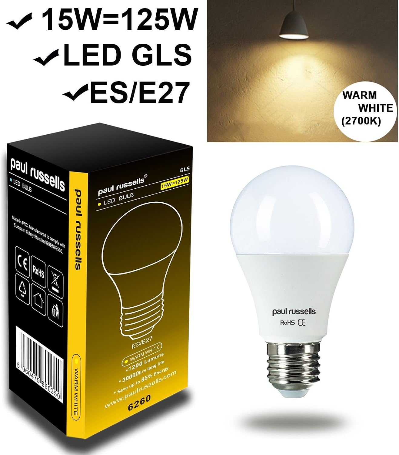 paul russells E27 Edison Screw LED Light, 13W = 100W Equivalent Bulbs, 1521 Lumens, 2700K Standard ES A60 LED GLS - Image 4