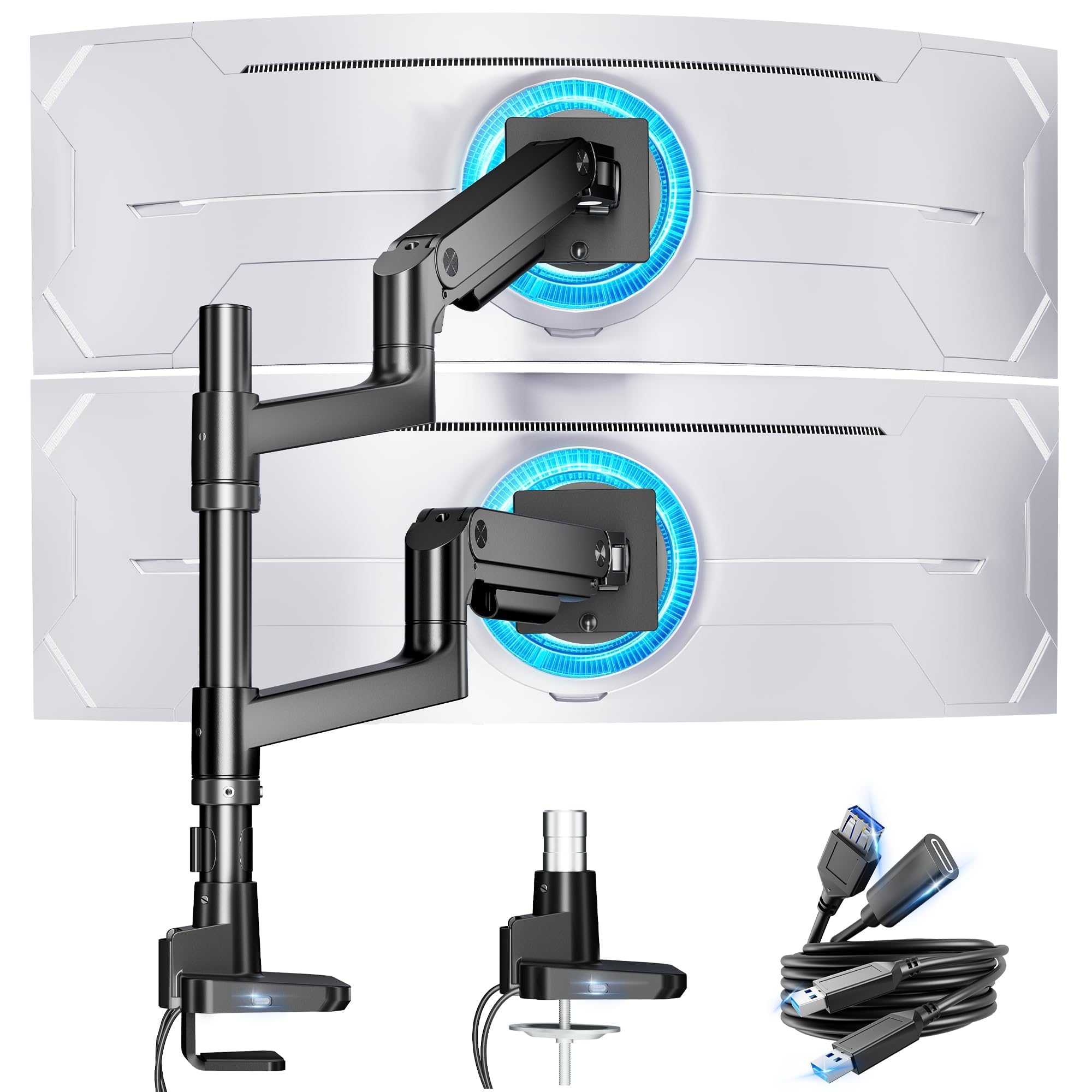 Photo 1 of ARES WING Dual Monitor Arm for Ultrawide Heavy Duty Curved Monitor Stacking, Fits 17-49 Inch, Vertical Gas Spring Double Monitor Stand with USB, Adjustable Dual Monitor Mount for Desk, Black