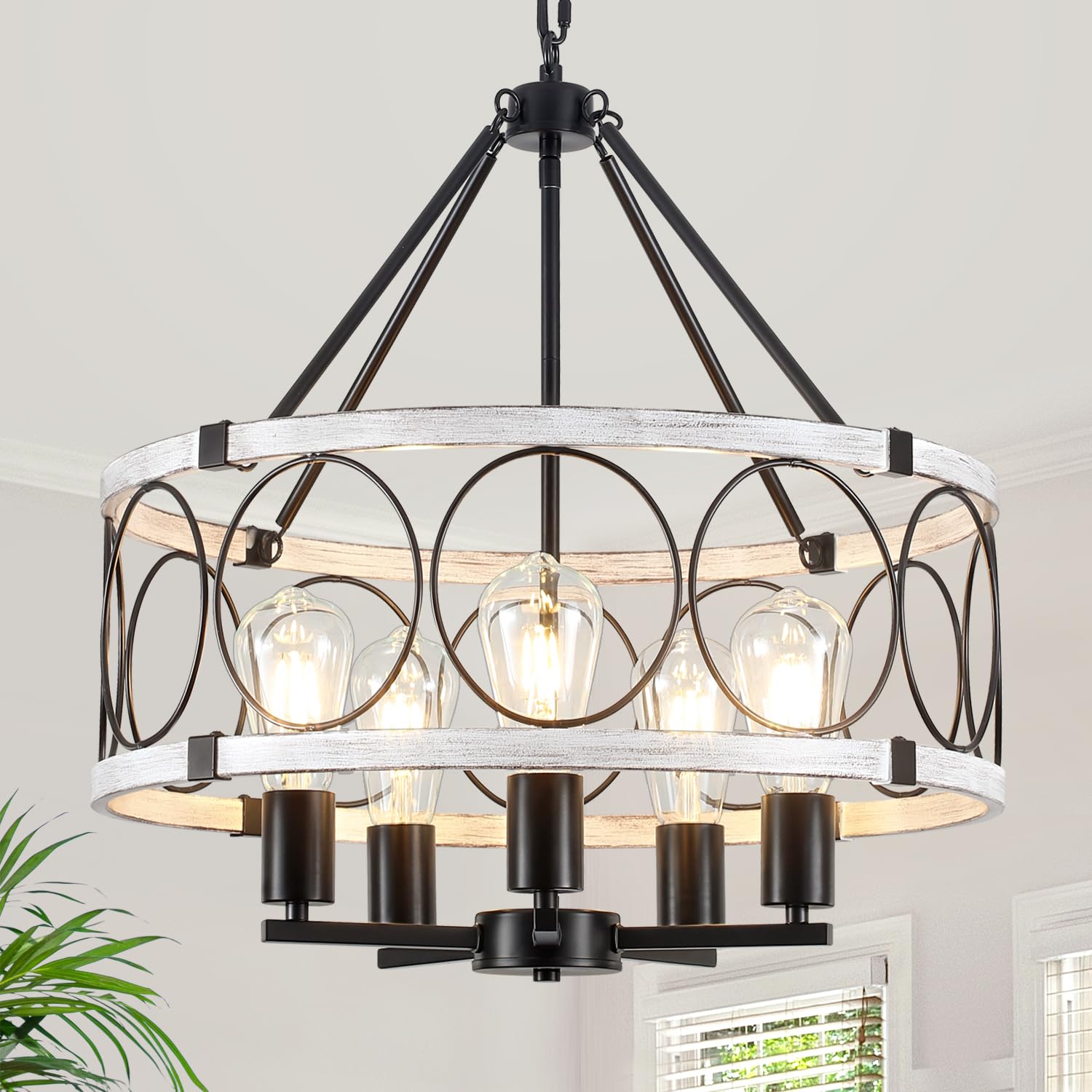 5Light Farmhouse Chandelier, White Wood Dining Room Light Fixtures
