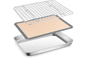 Toaster Oven Baking Sheet Set, E-far 10.5”x8.3” Small Stainless Steel Cookie Sheet Pan with Wire Rack & Silicone Mat for Cooking Broiling, Rimmed Metal Tray Roasting Cooling Bacon Steak
