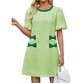 Wenrine Womens Summer Mini Dress Casual Tweed Short Sleeve Bow Work Business Dresses with Pockets