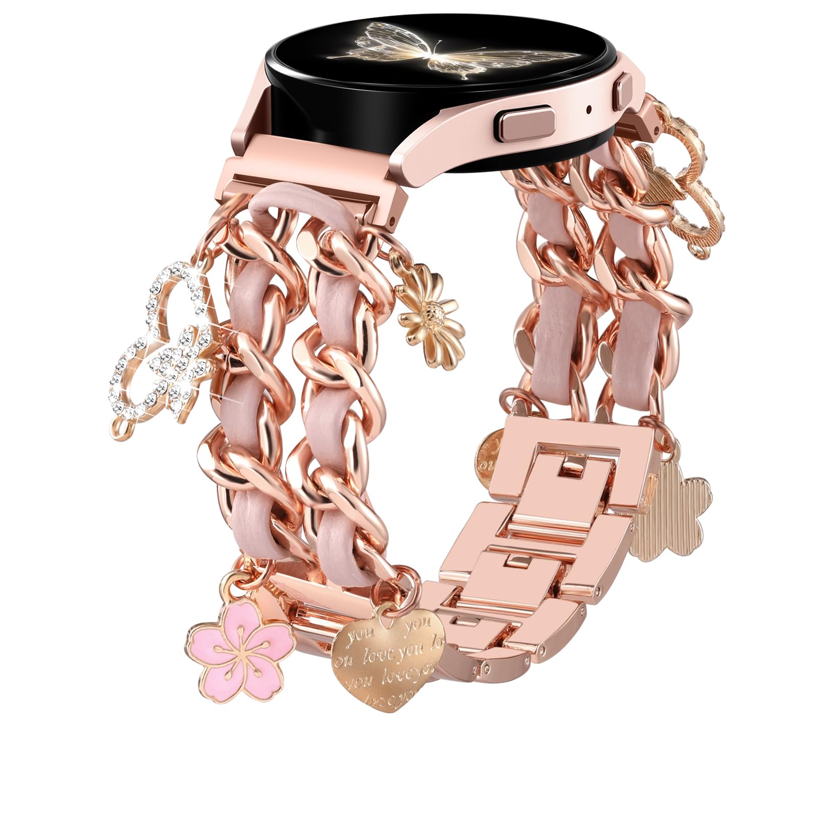 Photo 1 of Stylish Metal Band Compatible with Samsung Galaxy Watch 7 Band/FE 6 5 4 40mm 44mm,Galaxy Active 2, 20mm Watch Strap Pretty Chain with Cute Decorative Charms Accessories for Samsung Watch Bands Women