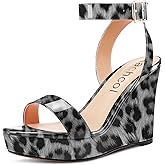 Aachcol Women Platform Wedge Sandals Round Peep Open Toe Ankle Strap Slingback Two-Piece Chunky Block High Heel Dress Shoes Pumps Party Patent 4 Inch