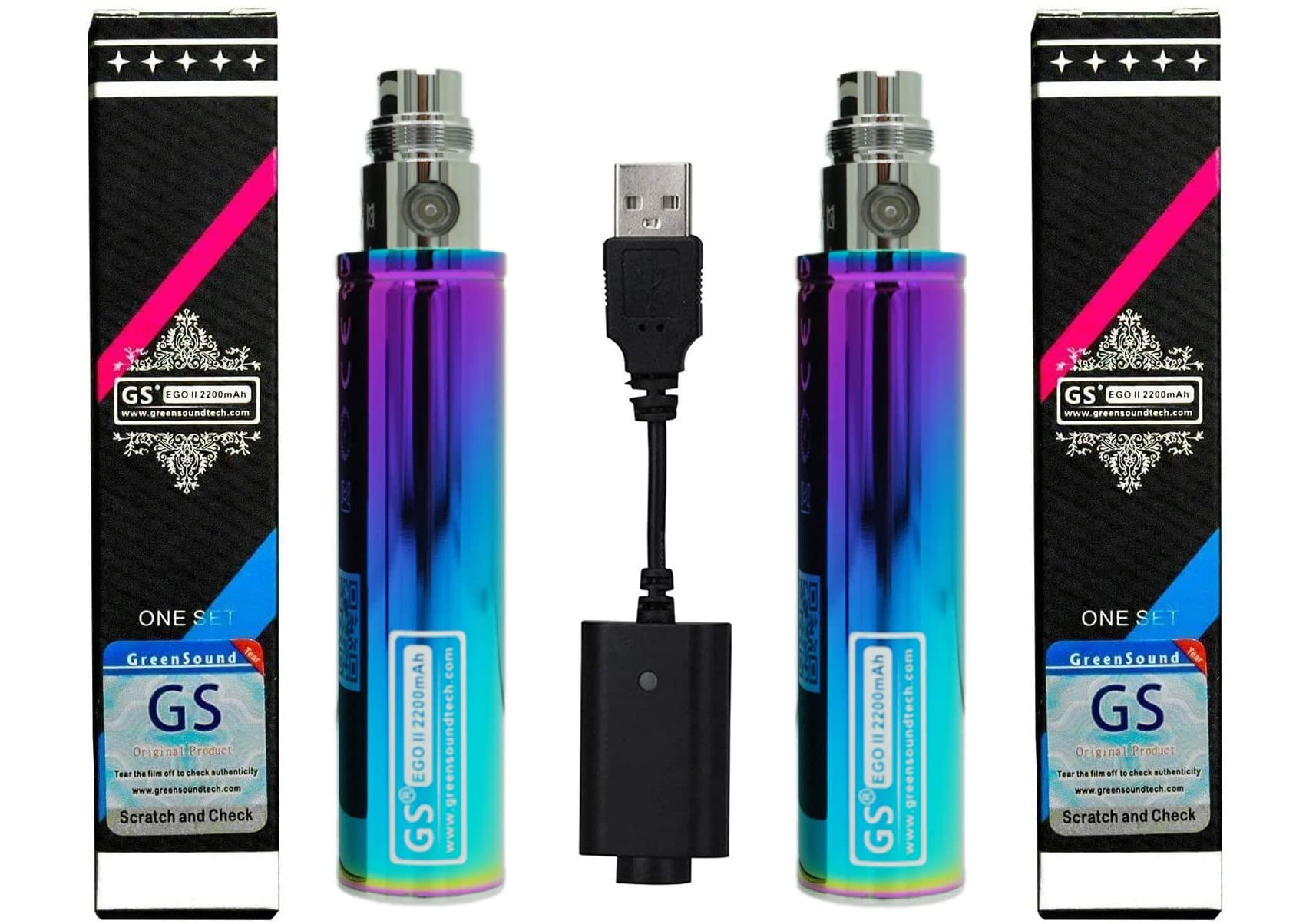 FOXFIVES GS Ego II 2200mah Huge Capacity Battery Edition 510 Double Pack with USB Charger Nicotine Free Empty Device (2PCS Rainbow)