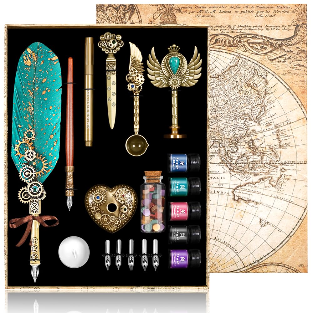 MPRINCE Quill Pen and Ink Set - Feather Pen, Wooden Pen, 5 Replaceable Nibs, Seal, Wax Beads, Envelope and Letter Paper - Green